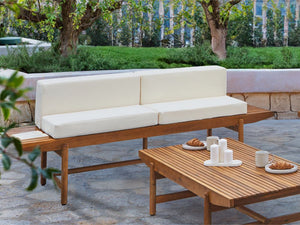 Panchina da giardino in legno di acacia chiaro 210 x 84 cm con cuscini bianco sporco Design rustico per esterni Patio Balcone