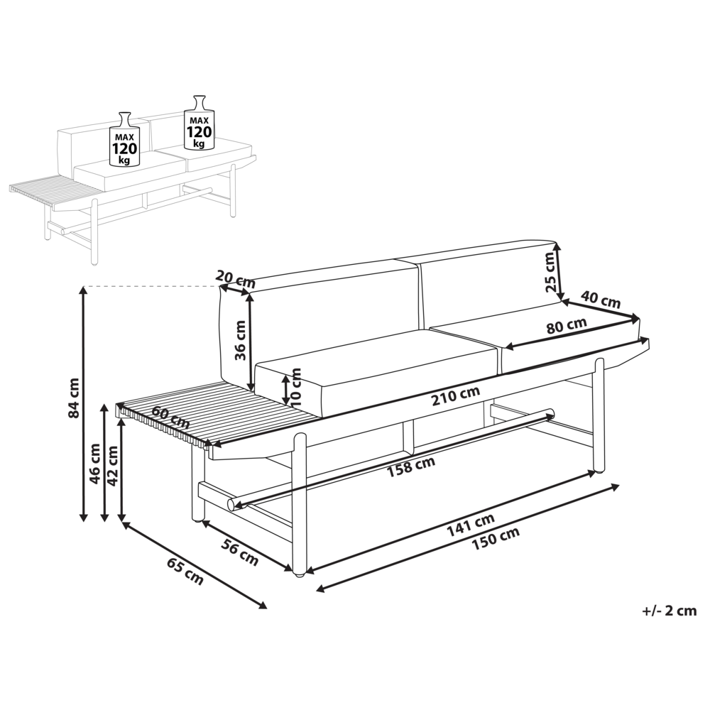 Panchina da giardino in legno di acacia chiaro 210 x 84 cm con cuscini bianco sporco Design rustico per esterni Patio Balcone