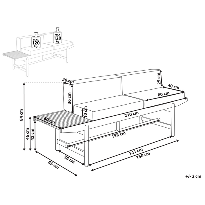 Panchina da giardino in legno di acacia chiaro 210 x 84 cm con cuscini bianco sporco Design rustico per esterni Patio Balcone