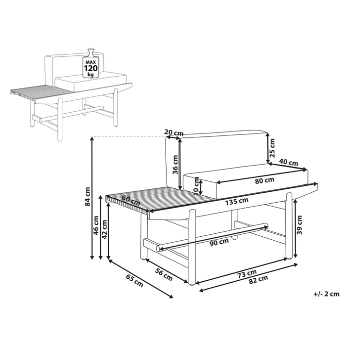 Panchina da giardino in legno di acacia chiaro 135 cm con cuscini bianco sporco Design rustico per esterni Patio Balcone