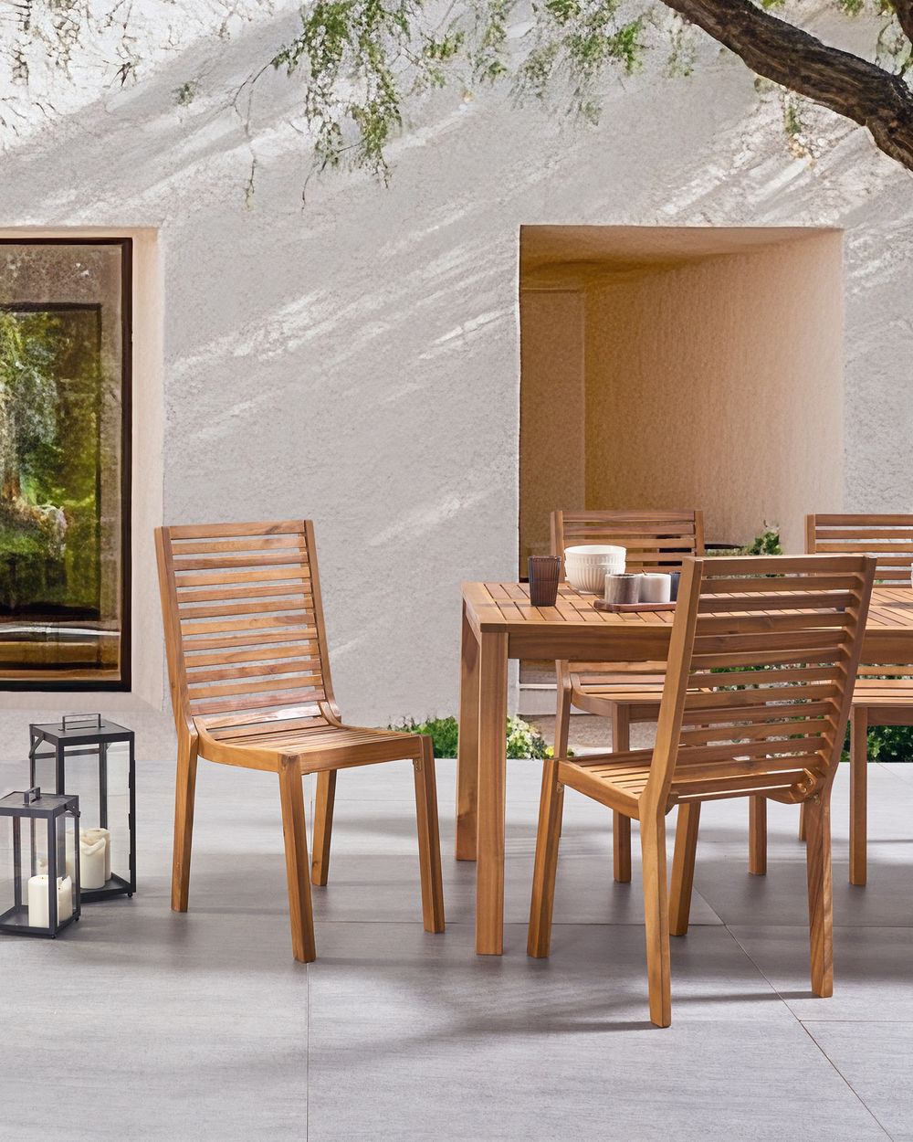 Set di 4 sedie da giardino in legno di acacia marrone chiaro per esterni senza braccioli in stile rustico