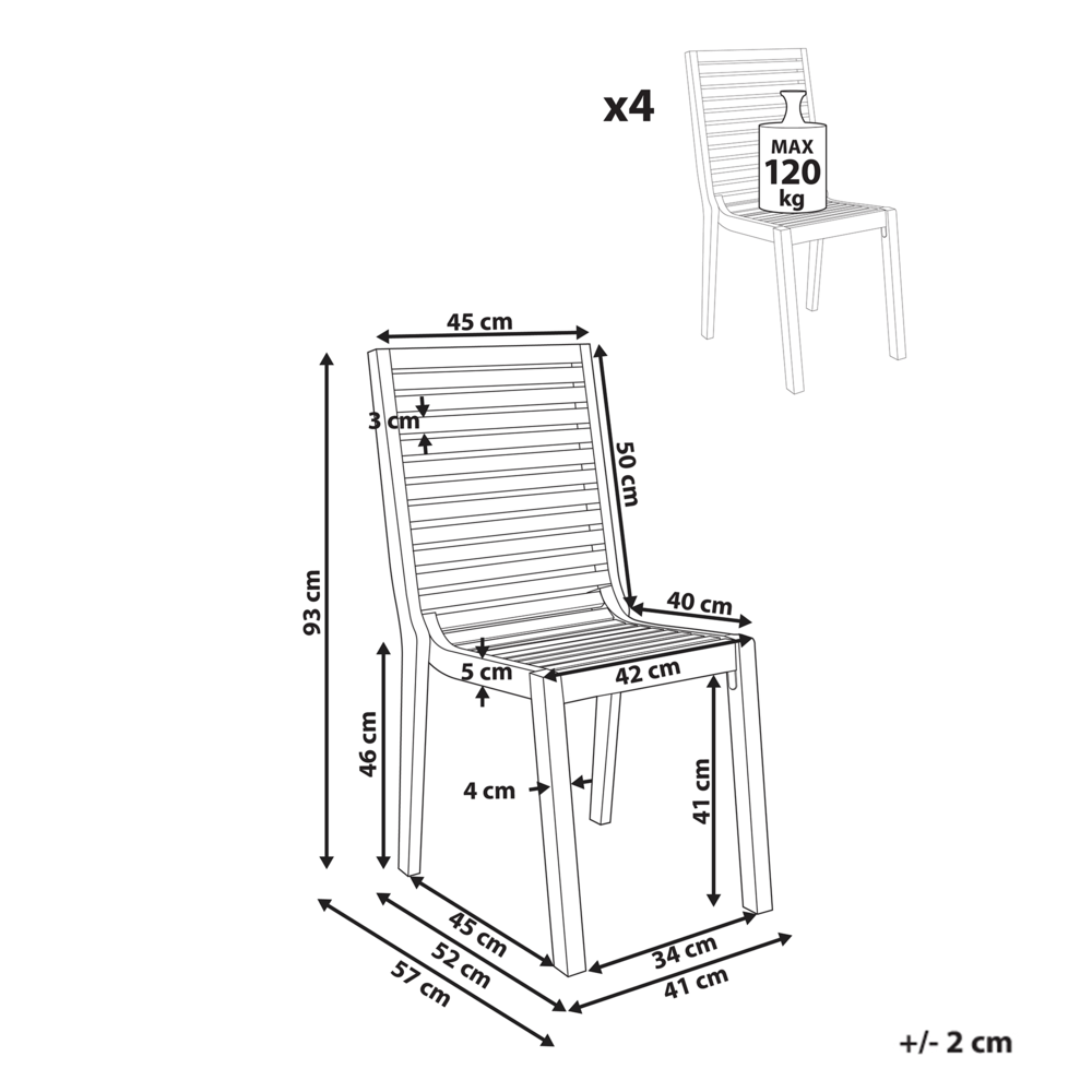 Set di 4 sedie da giardino in legno di acacia marrone chiaro per esterni senza braccioli in stile rustico
