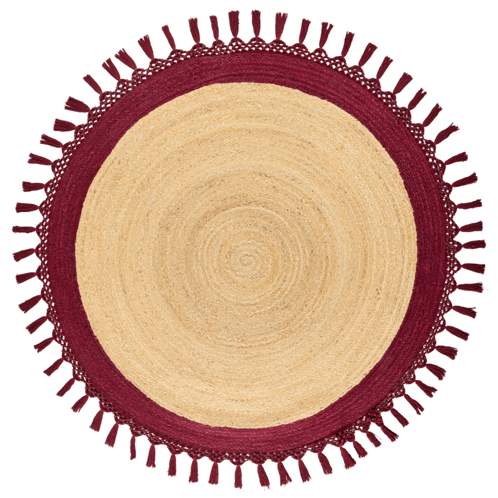 Tappeto Beige e Rosso Rotondo 140 cm Boho Rustico Spirale Intrecciato Fatto a mano Juta Naturale Camera da letto Soggiorno