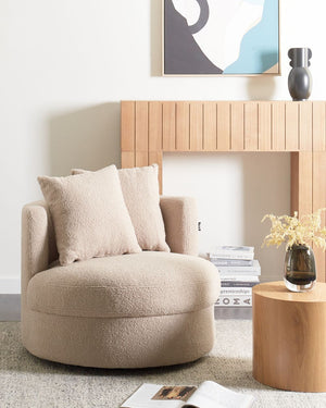 Poltrona Beige in boucle con base girevole in ferro Due cuscini sfoderabili Schienale rotondo Soggiorno moderno in stile glam