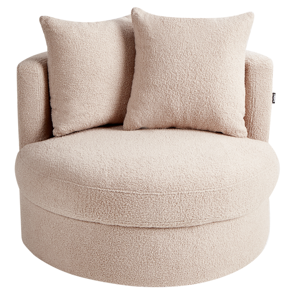 Poltrona Beige in boucle con base girevole in ferro Due cuscini sfoderabili Schienale rotondo Soggiorno moderno in stile glam