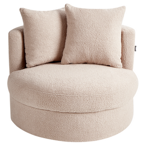 Poltrona Beige in boucle con base girevole in ferro Due cuscini sfoderabili Schienale rotondo Soggiorno moderno in stile glam