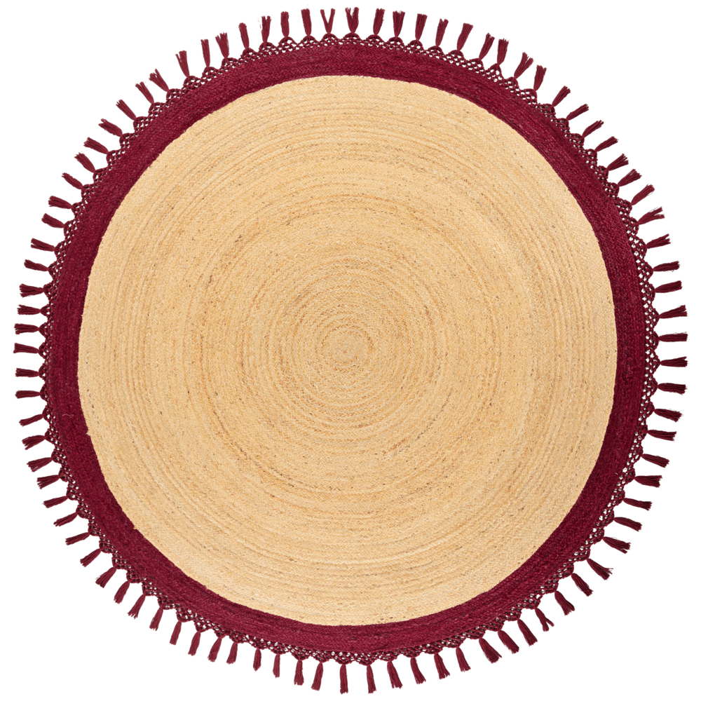 Tappeto Beige e Rosso Rotondo 200 cm Boho Rustico Spirale Intrecciato Fatto a mano Juta Naturale Camera da letto Soggiorno