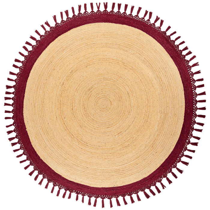 Tappeto Beige e Rosso Rotondo 200 cm Boho Rustico Spirale Intrecciato Fatto a mano Juta Naturale Camera da letto Soggiorno