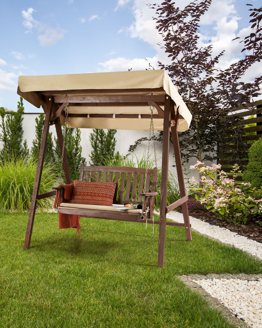 Dondolo da Esterno in Legno e Tessuto beige 2 con baldacchino autoportante