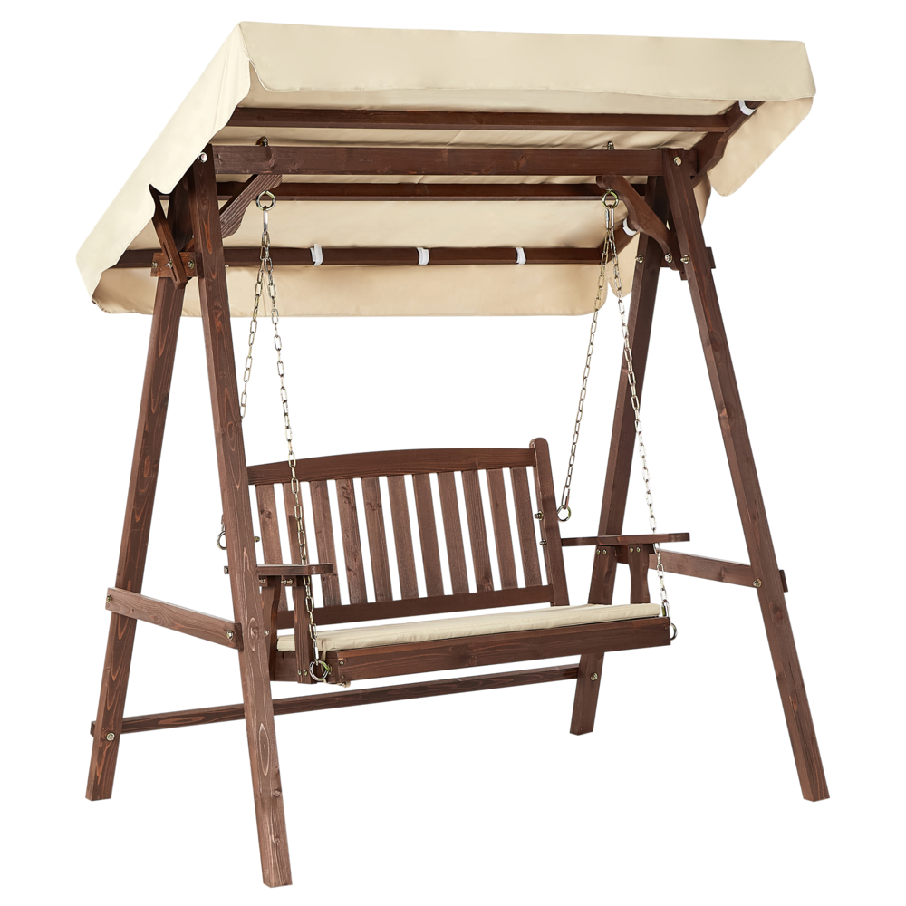 Dondolo da Esterno in Legno e Tessuto beige 2 con baldacchino autoportante