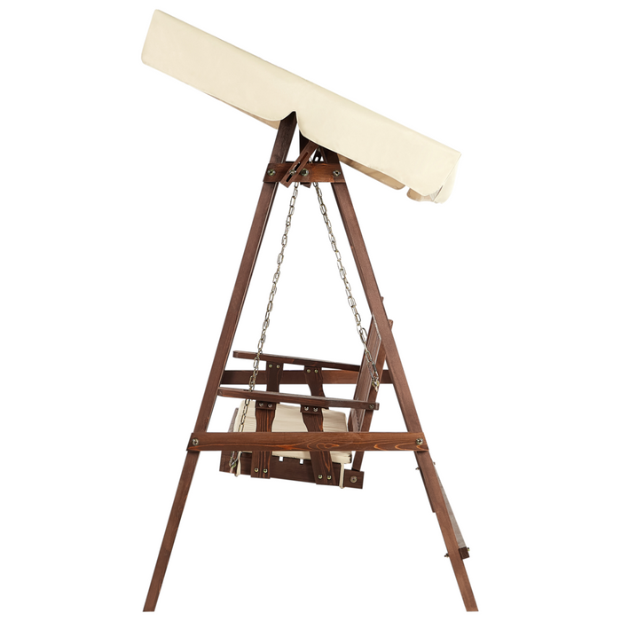 Dondolo da Esterno in Legno e Tessuto beige 2 con baldacchino autoportante