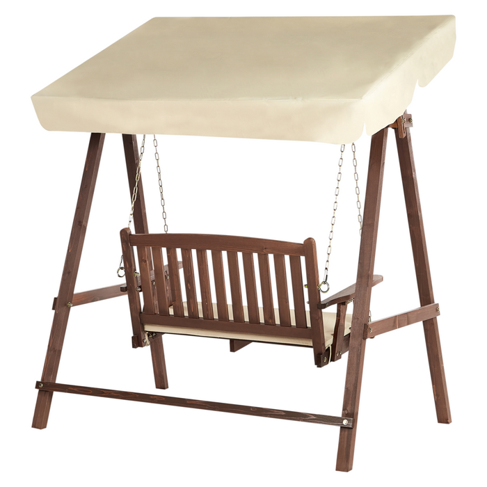 Dondolo da Esterno in Legno e Tessuto beige 2 con baldacchino autoportante