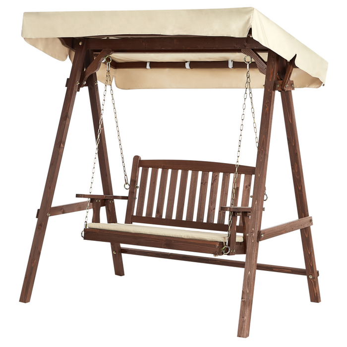 Dondolo da Esterno in Legno e Tessuto beige 2 con baldacchino autoportante