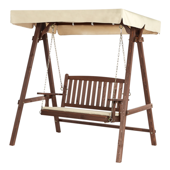 Dondolo da Esterno in Legno e Tessuto beige 2 con baldacchino autoportante