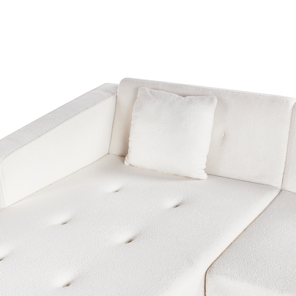 Divano letto ad angolo lato destro con bottoni in bouclè bianco sporco a 4 posti stile elegante