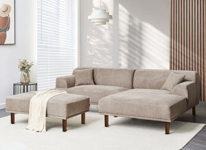 Pouf tortora rettangolare con gambe in legno di gomma verniciato marrone stile minimalista