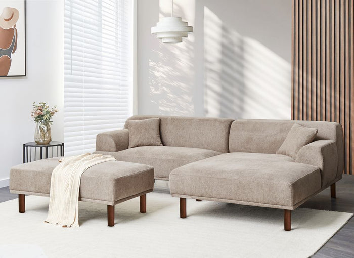 Pouf tortora rettangolare con gambe in legno di gomma verniciato marrone stile minimalista