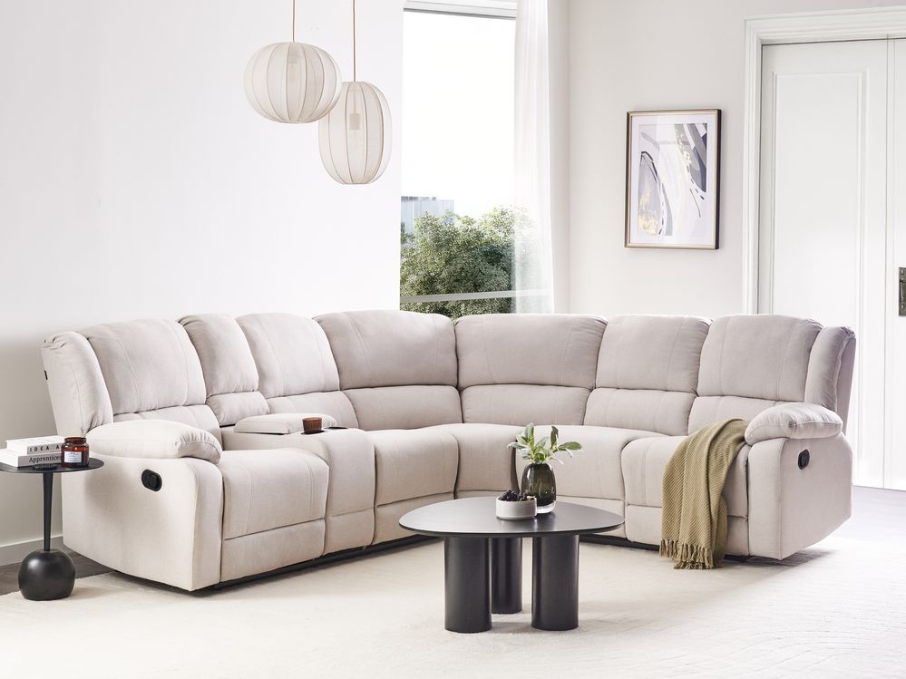 Divano angolare 5 posti in tessuto grigio cchiaro on schienale reclinabile manualmente stile moderno tradizionale