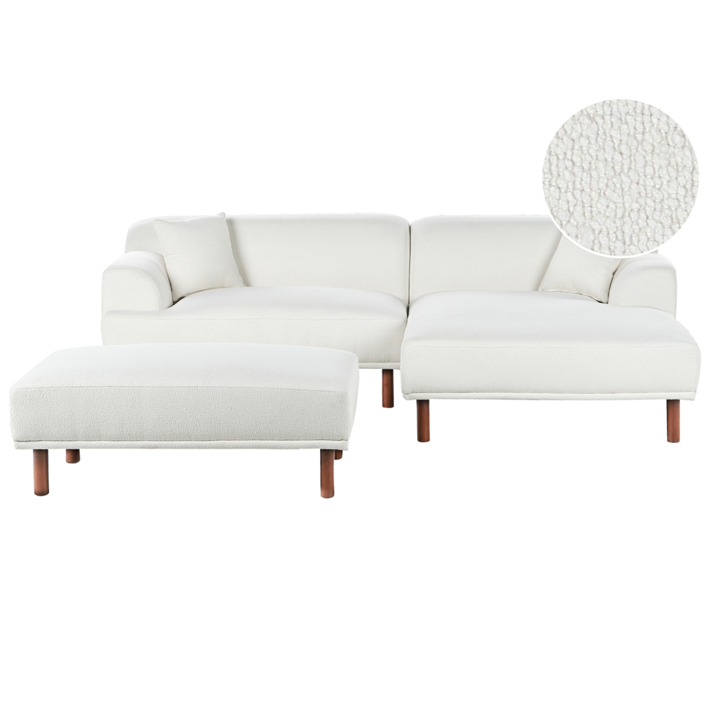 Divano ad angolo sinistro in tessuto bianco lato sinistro con pouf stile minimalista