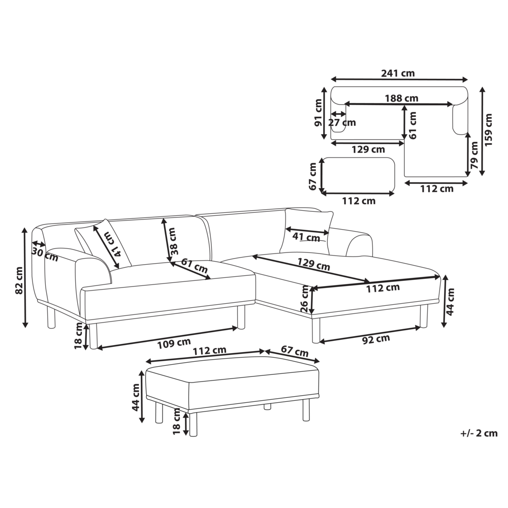 Divano ad angolo sinistro in tessuto bianco lato sinistro con pouf stile minimalista