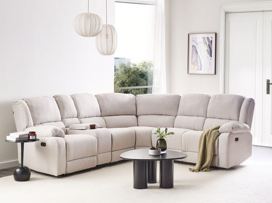 Divano angolare a 5 posti in tessuto azzurro con schienale reclinabile elettricamente e porta USB stile moderno tradizionale