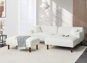 Pouf bianco rettangolare con gambe in in legno di gomma verniciato marrone stile minimalista