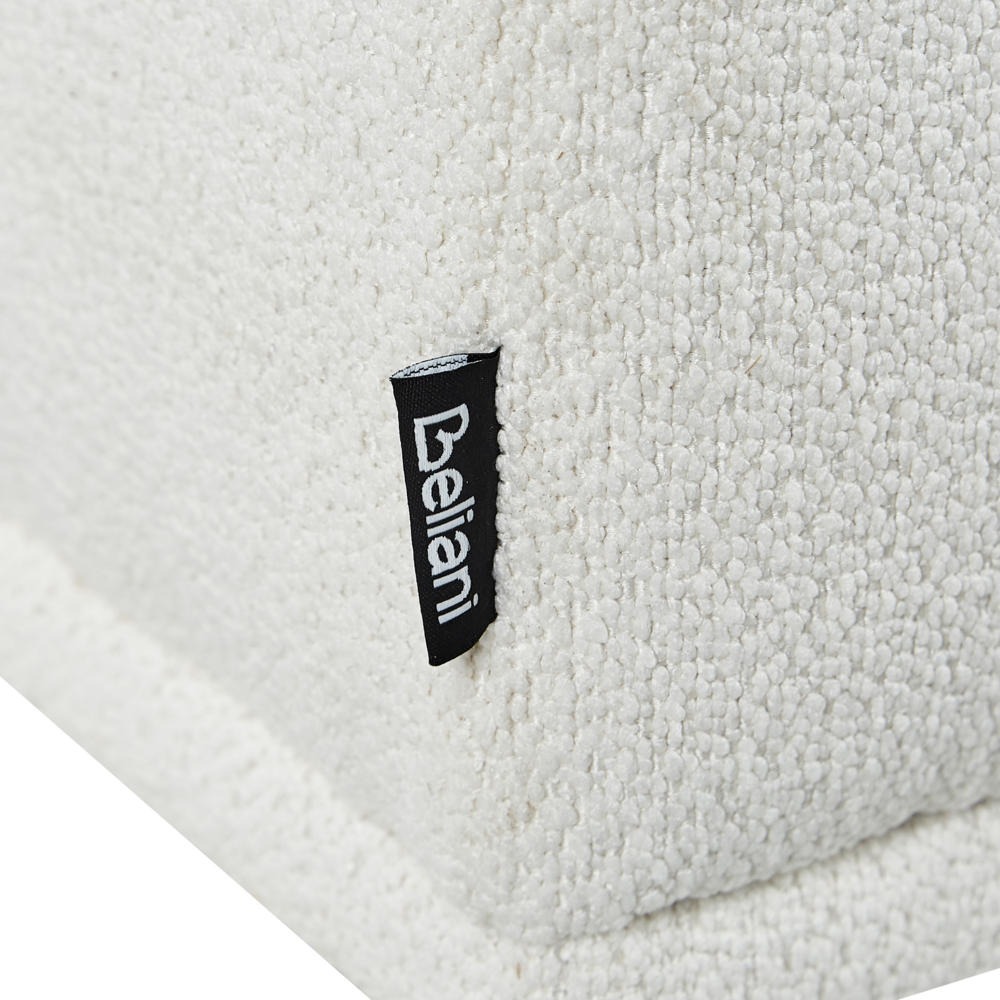 Pouf bianco rettangolare con gambe in in legno di gomma verniciato marrone stile minimalista