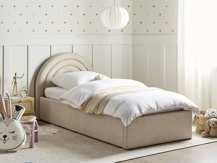 Letto singolo con testiera semicircolare in poliestere beige 90x200 cm base a doghe Testiera a Mezza Luna con contenitore