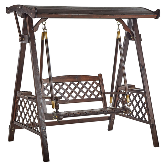 Dondolo da giardino in legno massiccio scuro con baldacchino stile tradizionale rustico