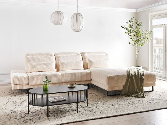 Divano angolare a sinistra Rivestimento in velluto a coste beige Gambe d'acciaio Braccioli e schienale regolabili