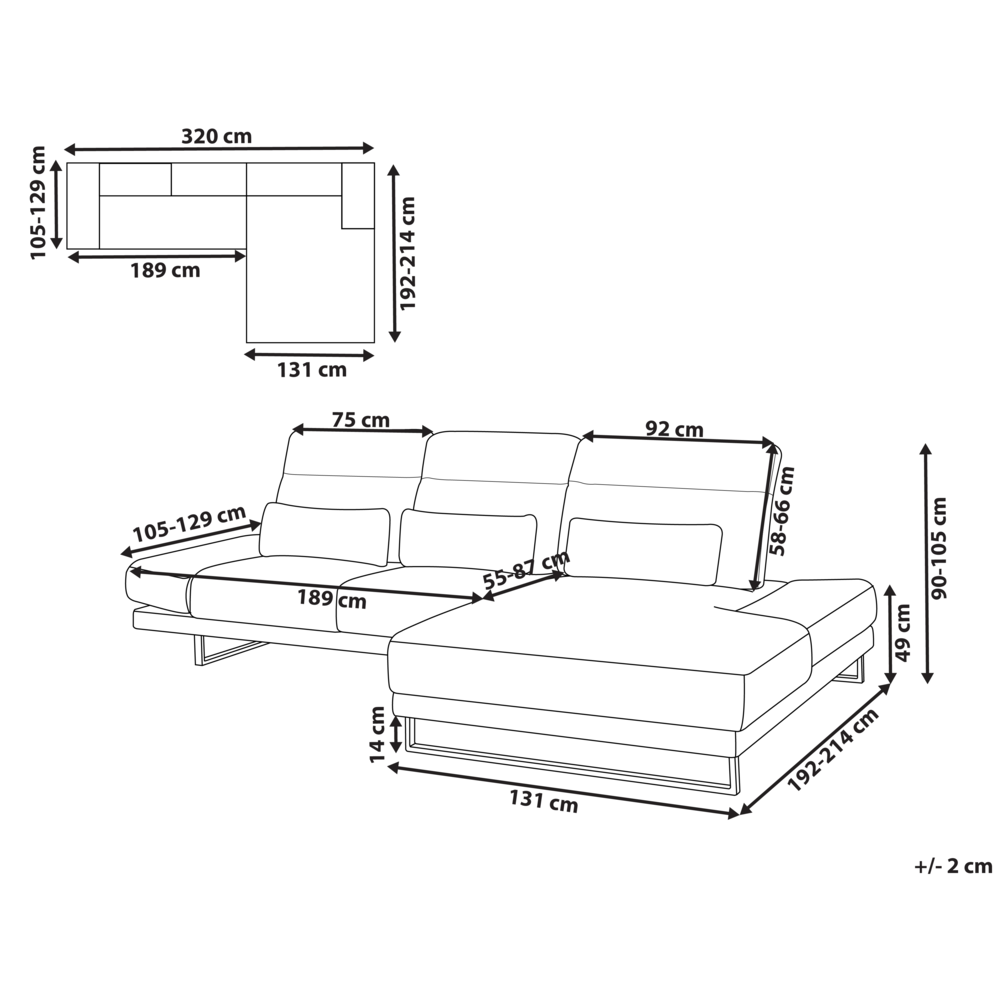 Divano angolare a sinistra Rivestimento in velluto a coste beige Gambe d'acciaio Braccioli e schienale regolabili