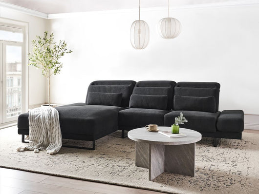 Divano angolare destro Rivestimento in poliestere nero Gambe d'acciaio Braccioli e schienale regolabili Mobili per il soggiorno