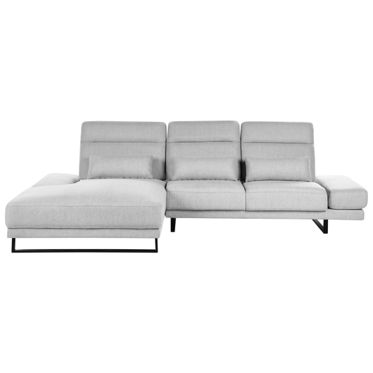 Divano angolare a destra Rivestimento in poliestere grigio chiaro Gambe in acciaio Braccioli e schienale regolabili Mobili per il soggiorno