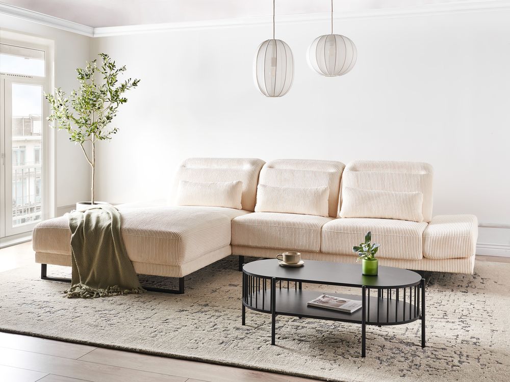 Divano angolare a destra Rivestimento in velluto a coste beige Gambe d'acciaio Braccioli e schienale regolabili