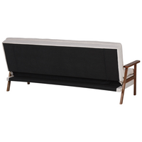 Divano letto moderno in tessuto beige braccioli in legno scuro gambe trasformabili stile moderno
