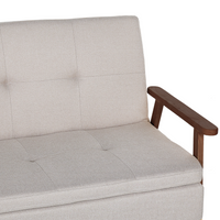 Divano letto moderno in tessuto beige braccioli in legno scuro gambe trasformabili stile moderno