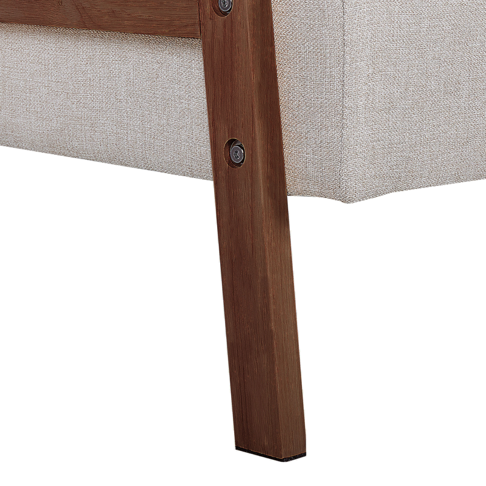 Divano letto moderno in tessuto beige braccioli in legno scuro gambe trasformabili stile moderno