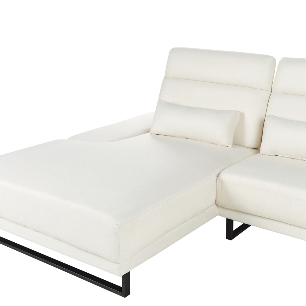 Divano angolare destro Tappezzeria in poliestere bianco sporco Gambe in acciaio Braccioli e schienale regolabili Mobili da soggiorno