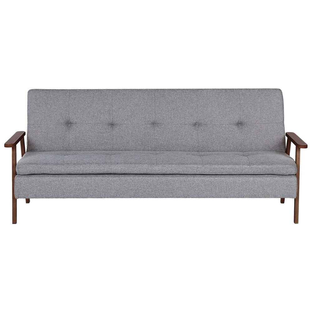 Divano letto moderno in tessuto grigio scuro braccioli in legno chiaro gambe trasformabili stile moderno
