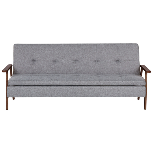 Divano letto moderno in tessuto grigio scuro braccioli in legno chiaro gambe trasformabili stile moderno