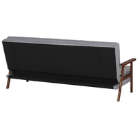 Divano letto moderno in tessuto grigio scuro braccioli in legno chiaro gambe trasformabili stile moderno