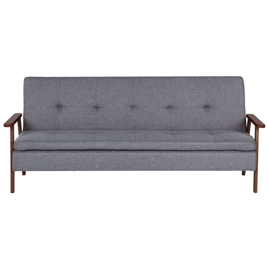 Divano letto moderno in tessuto grigio braccioli in legno scuro gambe trasformabili stile moderno