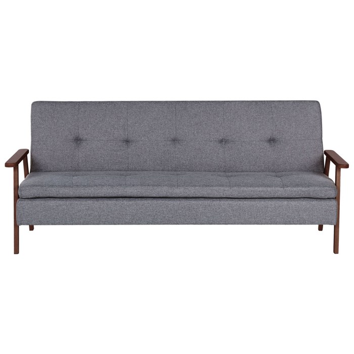 Divano letto moderno in tessuto grigio braccioli in legno scuro gambe trasformabili stile moderno