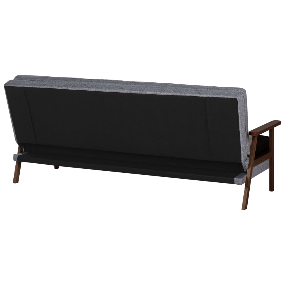 Divano letto moderno in tessuto grigio braccioli in legno scuro gambe trasformabili stile moderno