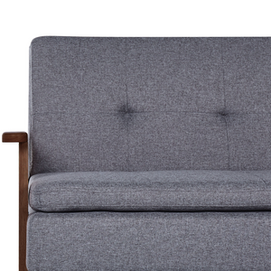 Divano letto moderno in tessuto grigio braccioli in legno scuro gambe trasformabili stile moderno
