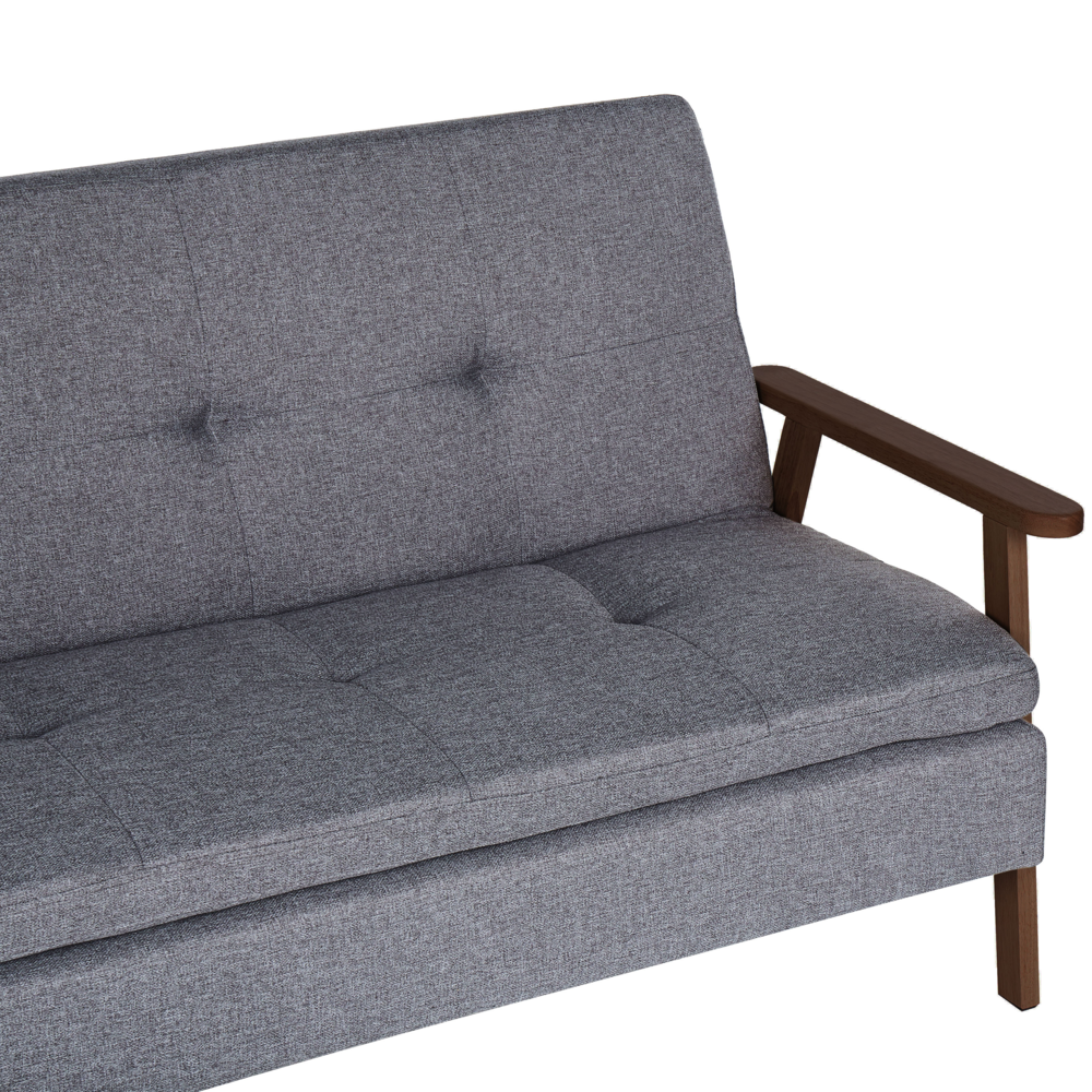 Divano letto moderno in tessuto grigio braccioli in legno scuro gambe trasformabili stile moderno