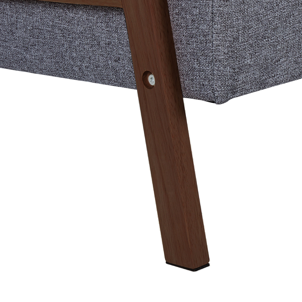 Divano letto moderno in tessuto grigio braccioli in legno scuro gambe trasformabili stile moderno