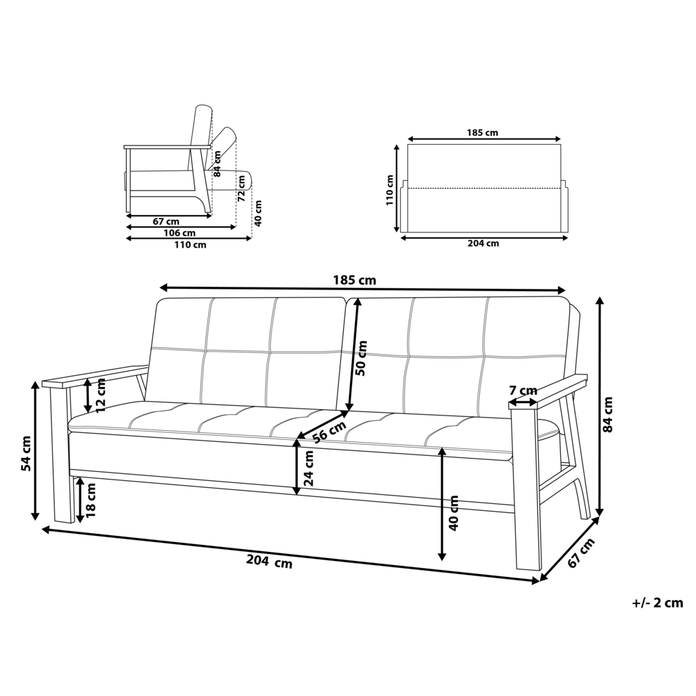 Divano letto moderno in tessuto grigio scuro braccioli in legno scuro gambe trasformabili stile moderno
