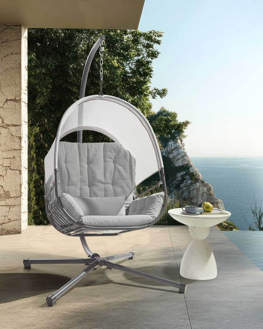 Sedia a dondolo sospesa Grigio chiaro Supporto metallico in corda Cuscino morbido per seduta Boho Rustico Soggiorno Terrazza