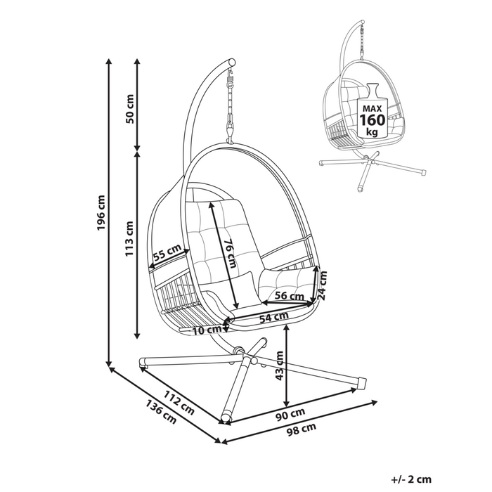 Sedia a dondolo sospesa Grigio chiaro Supporto metallico in corda Cuscino morbido per seduta Boho Rustico Soggiorno Terrazza